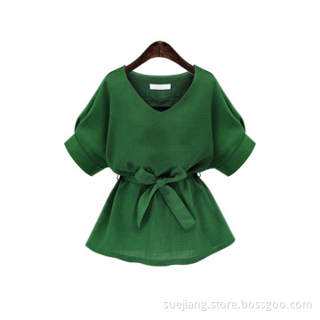 Women's V-Neckline Self Tie Short Sleeve Blouse